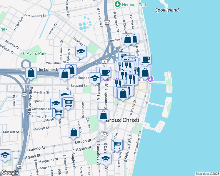 map of restaurants, bars, coffee shops, grocery stores, and more near 600 North Upper Broadway in Corpus Christi