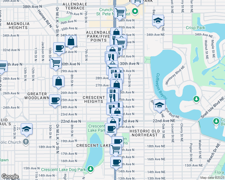 map of restaurants, bars, coffee shops, grocery stores, and more near 440 27th Avenue North in St. Petersburg