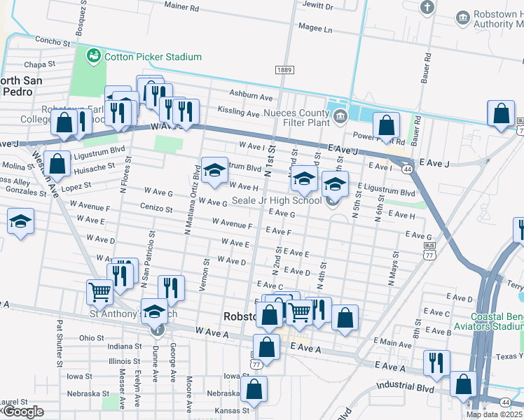 map of restaurants, bars, coffee shops, grocery stores, and more near 700 North 1st Street in Robstown