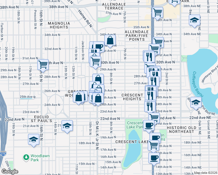 map of restaurants, bars, coffee shops, grocery stores, and more near 836 27th Avenue North in St. Petersburg