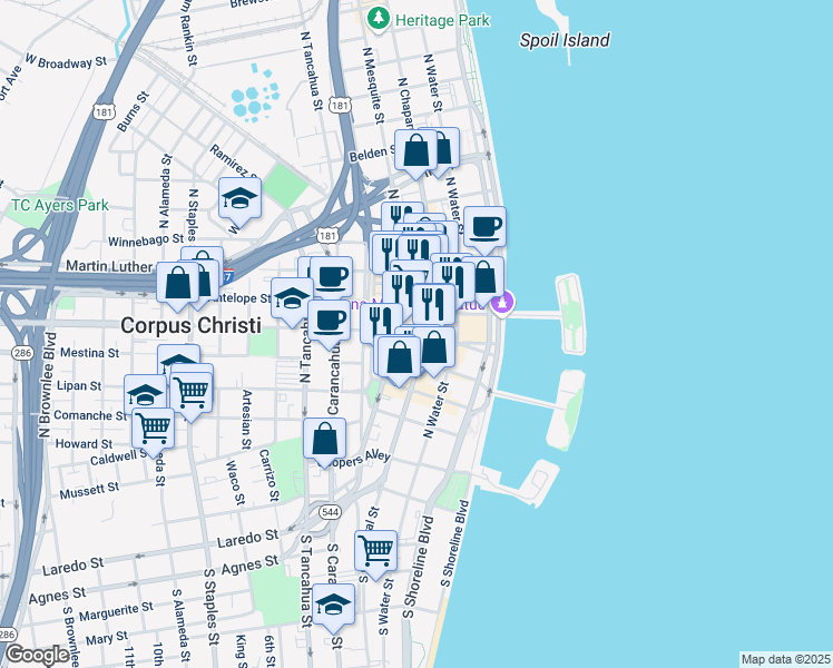 map of restaurants, bars, coffee shops, grocery stores, and more near 506 North Mesquite Street in Corpus Christi