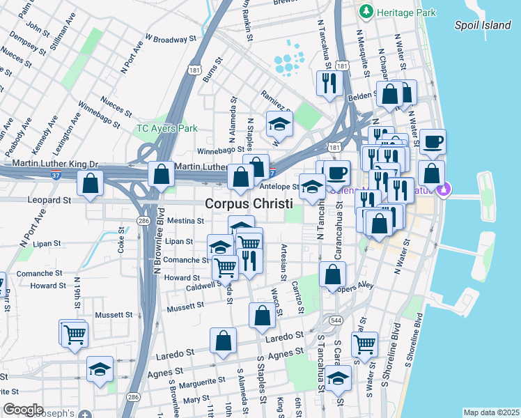 map of restaurants, bars, coffee shops, grocery stores, and more near in Corpus Christi