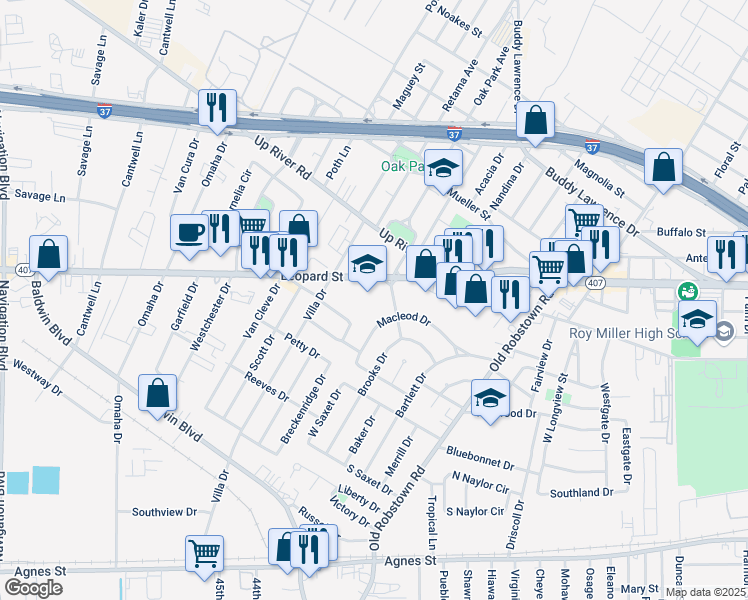 map of restaurants, bars, coffee shops, grocery stores, and more near 3801 Leopard Street in Corpus Christi