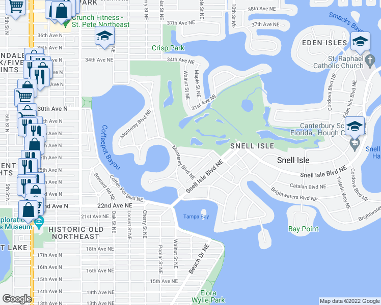 map of restaurants, bars, coffee shops, grocery stores, and more near 126 Ricardo Way Northeast in Saint Petersburg