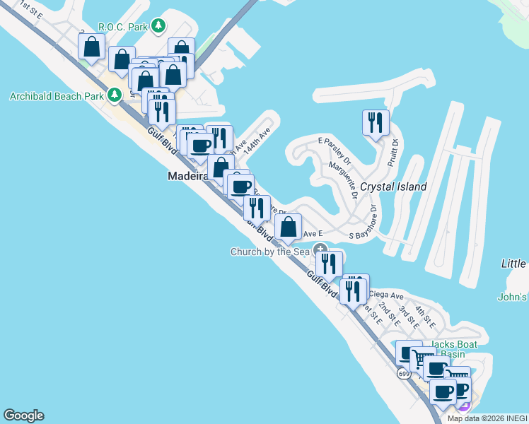 map of restaurants, bars, coffee shops, grocery stores, and more near 14145 Palm Street in Madeira Beach