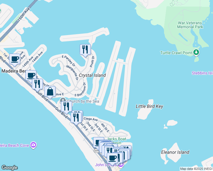 map of restaurants, bars, coffee shops, grocery stores, and more near 521 Crystal Drive in Madeira Beach