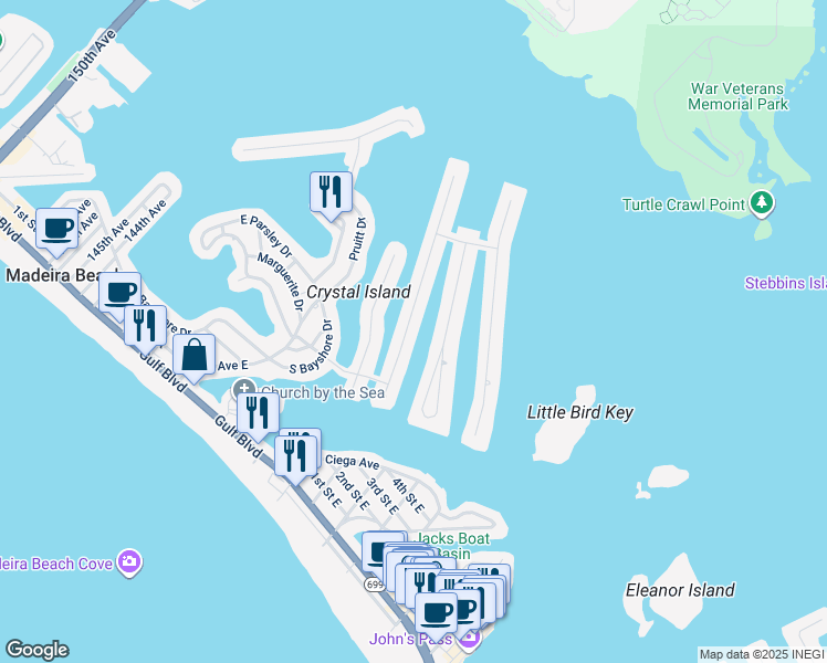 map of restaurants, bars, coffee shops, grocery stores, and more near 521 Crystal Drive in Madeira Beach