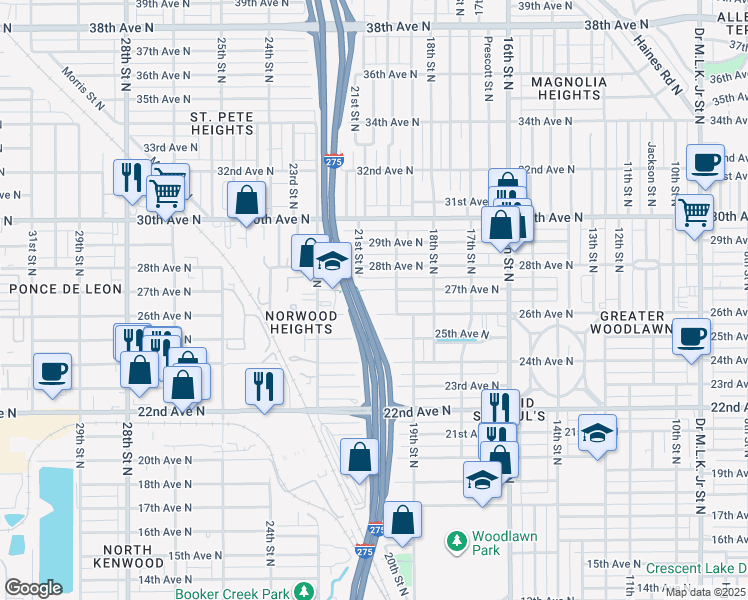 map of restaurants, bars, coffee shops, grocery stores, and more near 2048 27th Avenue North in Saint Petersburg
