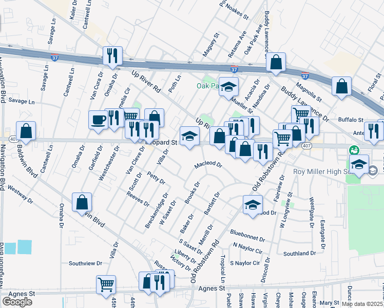 map of restaurants, bars, coffee shops, grocery stores, and more near 525 Elmore Drive in Corpus Christi
