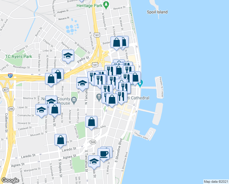 map of restaurants, bars, coffee shops, grocery stores, and more near 419 Schatzell Street in Corpus Christi