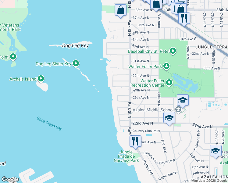 map of restaurants, bars, coffee shops, grocery stores, and more near 8298 27th Avenue North in St. Petersburg