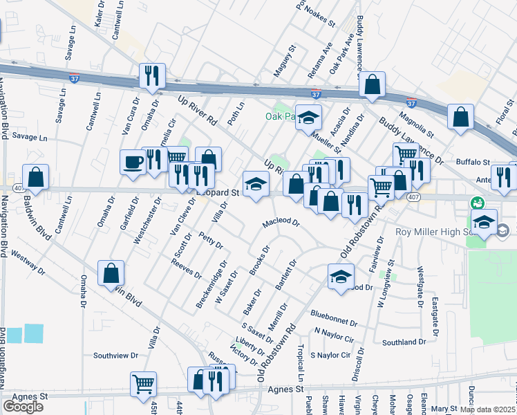 map of restaurants, bars, coffee shops, grocery stores, and more near 3801 Leopard Street in Corpus Christi