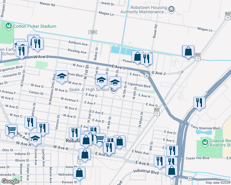 map of restaurants, bars, coffee shops, grocery stores, and more near 401 East Avenue G in Robstown