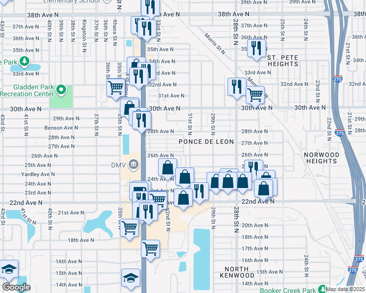 map of restaurants, bars, coffee shops, grocery stores, and more near 2701 34th Street North in St. Petersburg