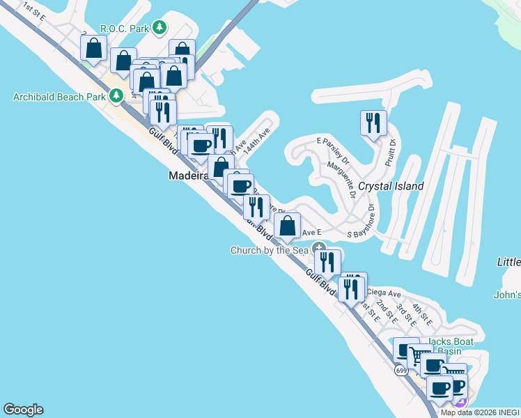 map of restaurants, bars, coffee shops, grocery stores, and more near 14145 Palm Street in Madeira Beach