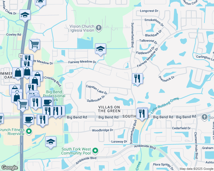 map of restaurants, bars, coffee shops, grocery stores, and more near 11146 Sailbrooke Drive in Riverview