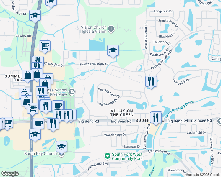map of restaurants, bars, coffee shops, grocery stores, and more near 11133 Sailbrooke Drive in Riverview