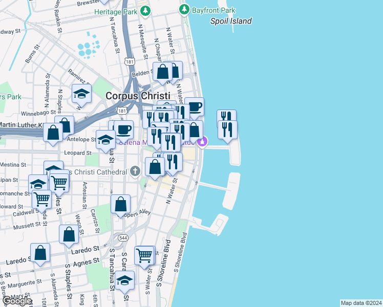 map of restaurants, bars, coffee shops, grocery stores, and more near 500 North Shoreline Boulevard in Corpus Christi