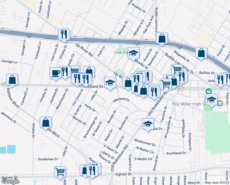 map of restaurants, bars, coffee shops, grocery stores, and more near 525 Elmore Drive in Corpus Christi