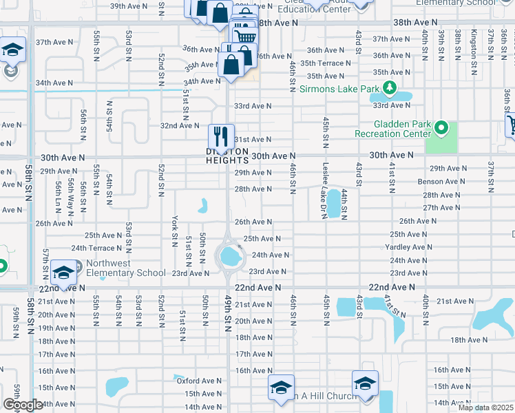 map of restaurants, bars, coffee shops, grocery stores, and more near 2700 47th Street North in Saint Petersburg