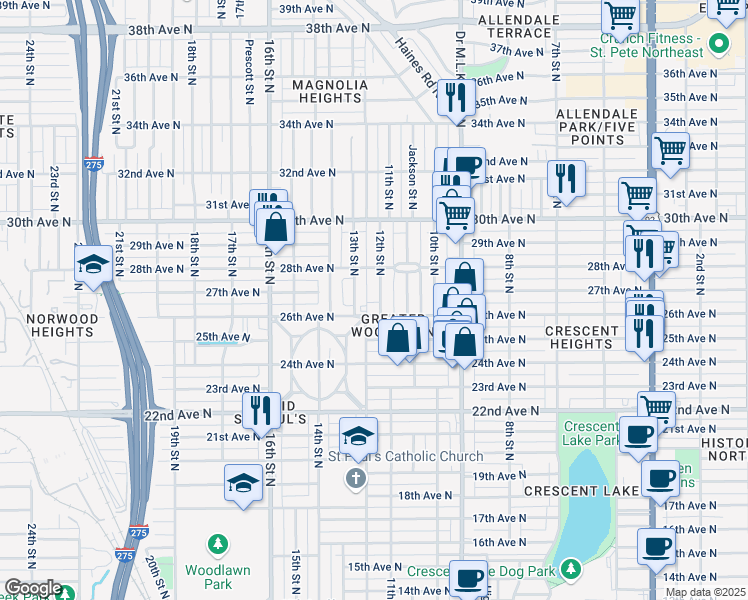 map of restaurants, bars, coffee shops, grocery stores, and more near 2641 12th Street North in St. Petersburg