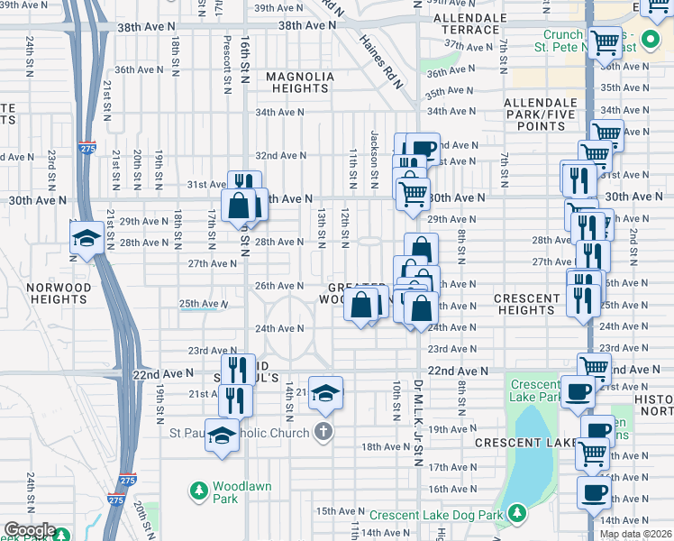 map of restaurants, bars, coffee shops, grocery stores, and more near 2641 12th Street North in St. Petersburg