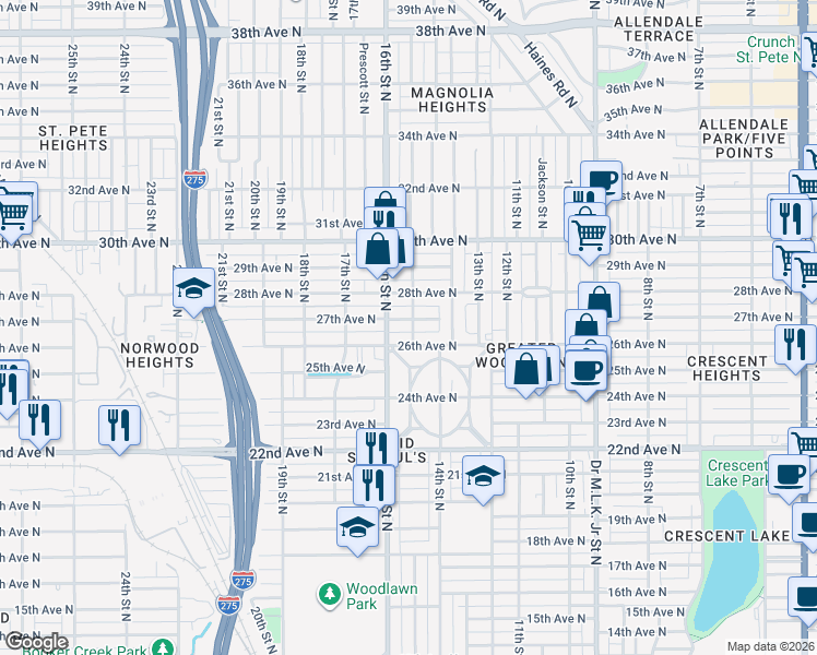 map of restaurants, bars, coffee shops, grocery stores, and more near 1528 27th Avenue North in St. Petersburg