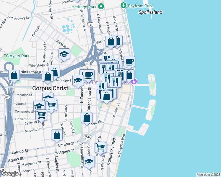 map of restaurants, bars, coffee shops, grocery stores, and more near 506 North Mesquite Street in Corpus Christi