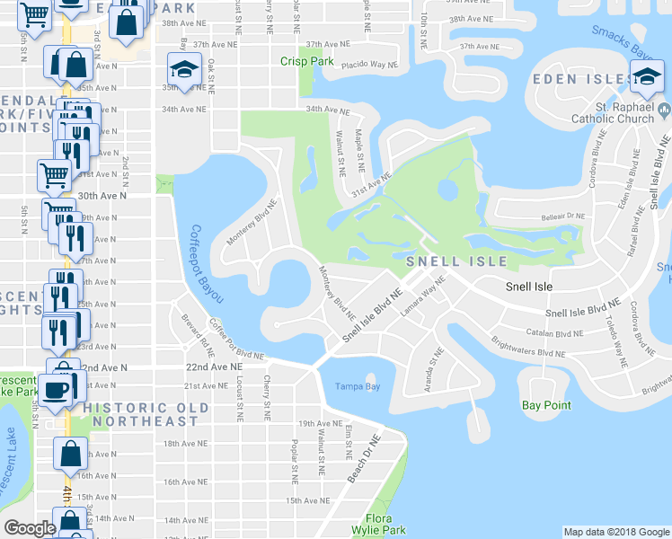 map of restaurants, bars, coffee shops, grocery stores, and more near 601 Monterey Boulevard Northeast in St. Petersburg