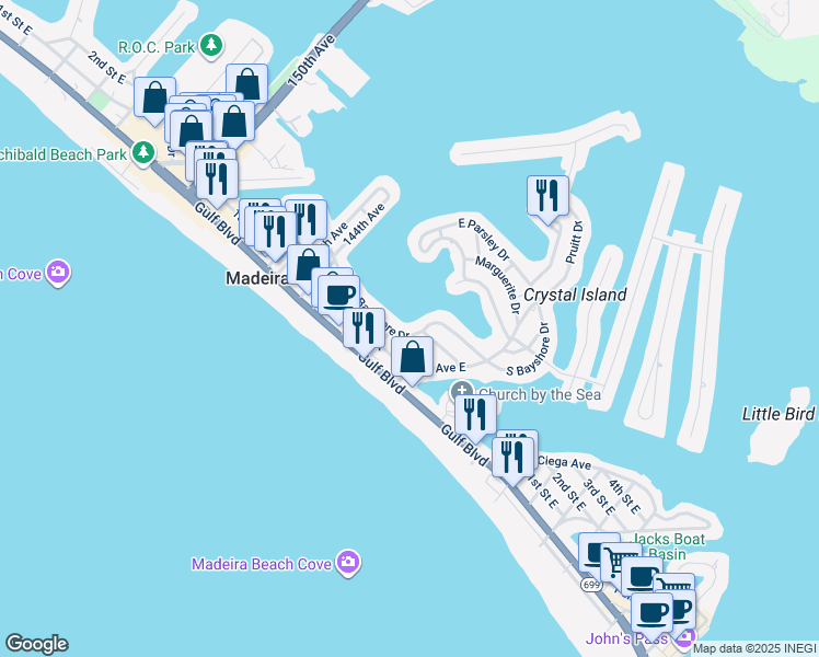 map of restaurants, bars, coffee shops, grocery stores, and more near 14091 North Bayshore Drive in Madeira Beach