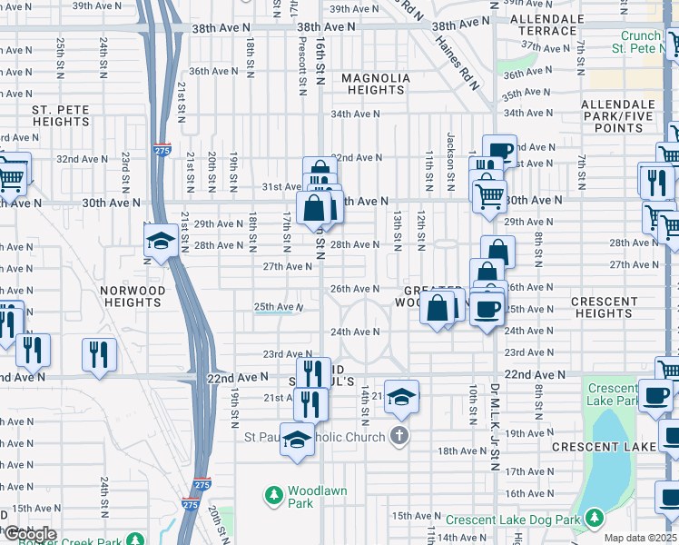 map of restaurants, bars, coffee shops, grocery stores, and more near 1528 27th Avenue North in St. Petersburg