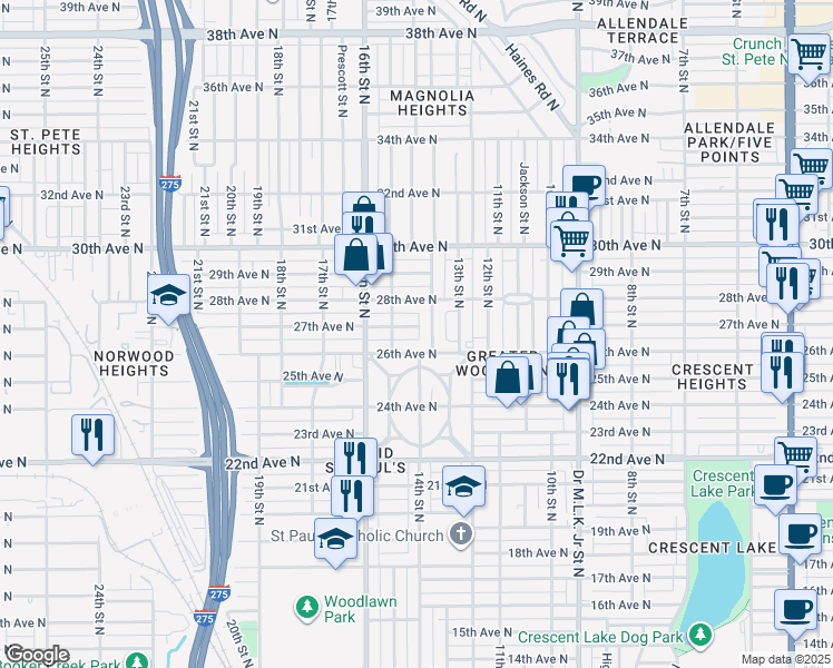 map of restaurants, bars, coffee shops, grocery stores, and more near 1426 27th Avenue North in St. Petersburg