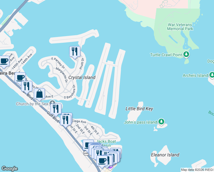 map of restaurants, bars, coffee shops, grocery stores, and more near 547 Lillian Drive in Madeira Beach