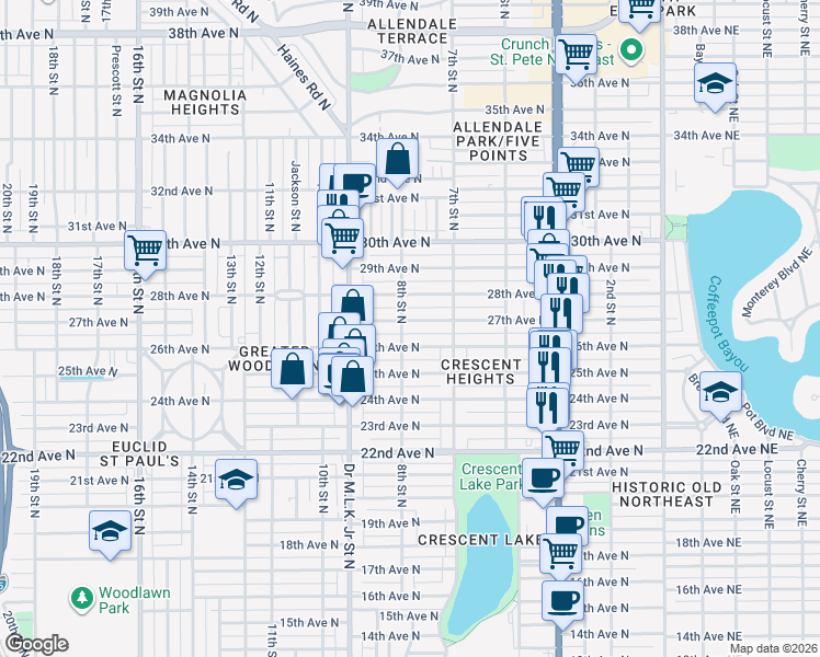 map of restaurants, bars, coffee shops, grocery stores, and more near 766 27th Avenue North in St. Petersburg