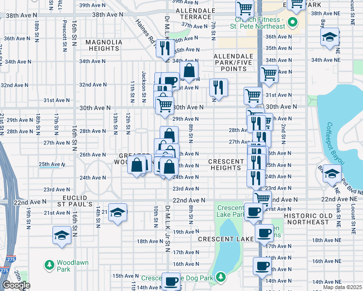 map of restaurants, bars, coffee shops, grocery stores, and more near 836 27th Avenue North in St. Petersburg