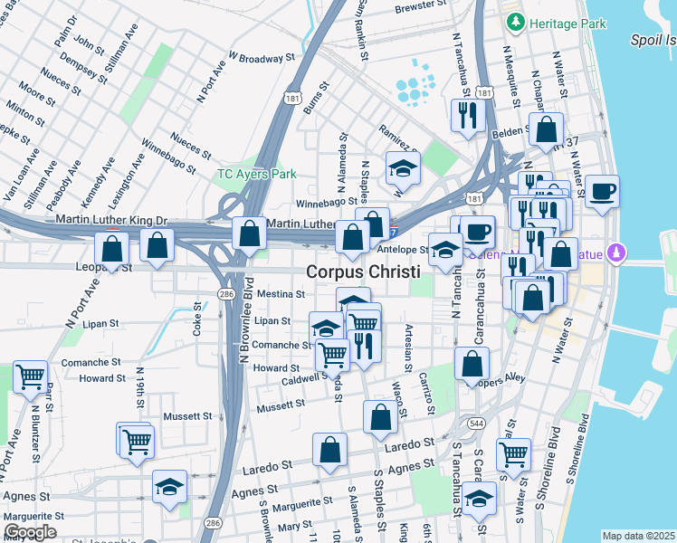 map of restaurants, bars, coffee shops, grocery stores, and more near 1301 Leopard Street in Corpus Christi