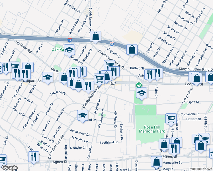 map of restaurants, bars, coffee shops, grocery stores, and more near 3401 Leopard Street in Corpus Christi