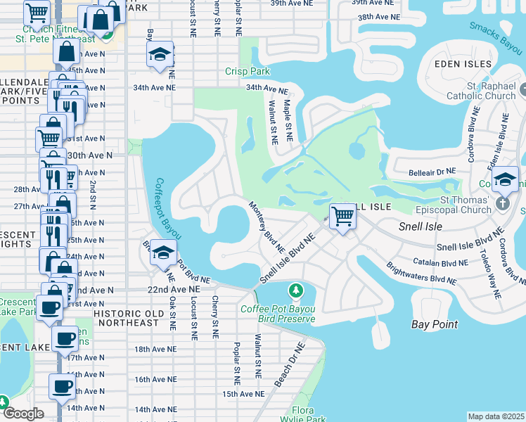 map of restaurants, bars, coffee shops, grocery stores, and more near 601 Monterey Boulevard Northeast in St. Petersburg