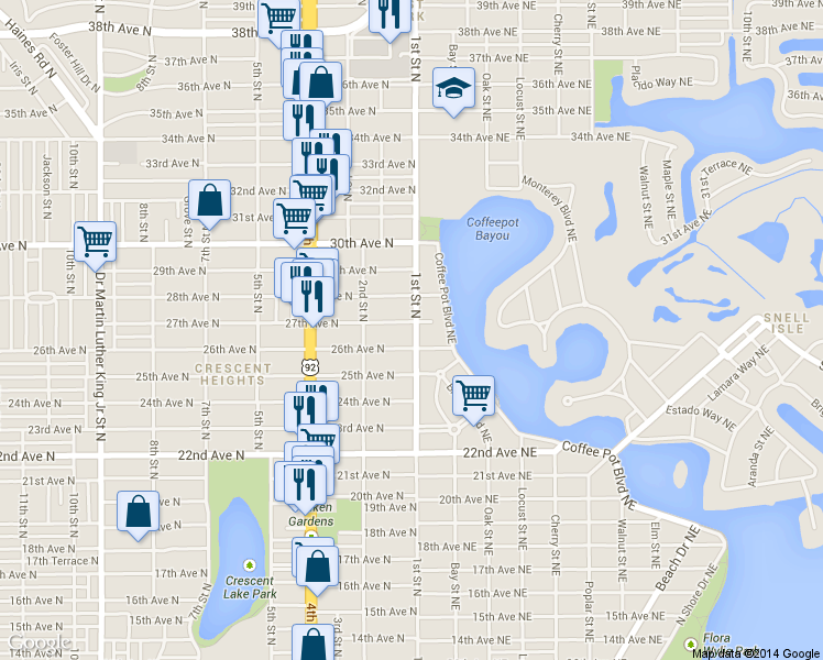 map of restaurants, bars, coffee shops, grocery stores, and more near 120 27th Avenue North in St. Petersburg