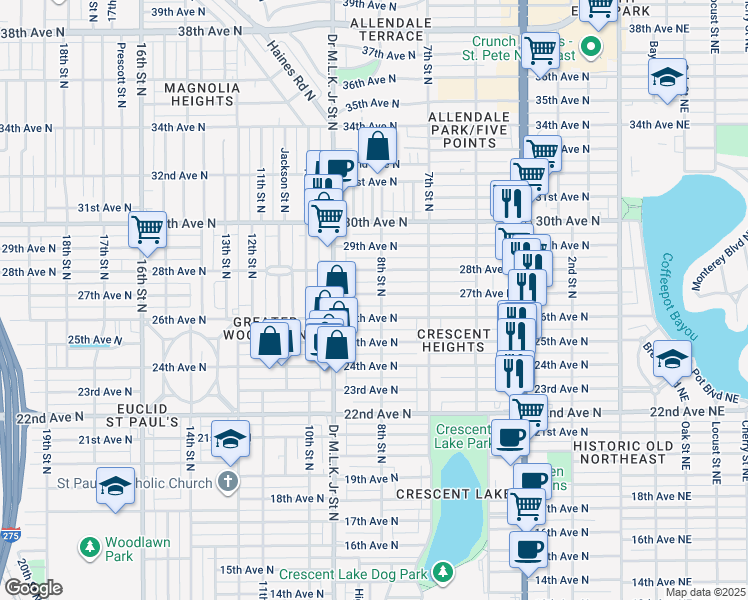 map of restaurants, bars, coffee shops, grocery stores, and more near 836 27th Avenue North in St. Petersburg