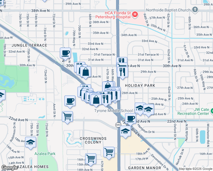 map of restaurants, bars, coffee shops, grocery stores, and more near 6737 28th Avenue North in St. Petersburg