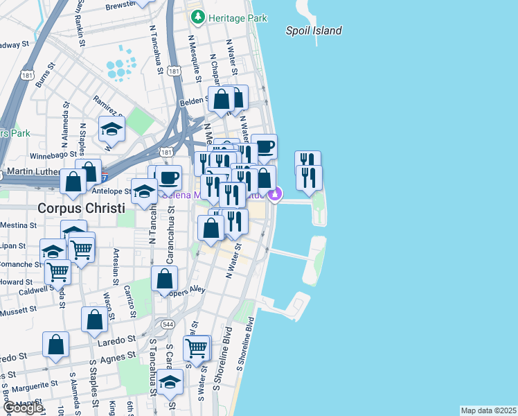 map of restaurants, bars, coffee shops, grocery stores, and more near 500 North Shoreline Boulevard in Corpus Christi