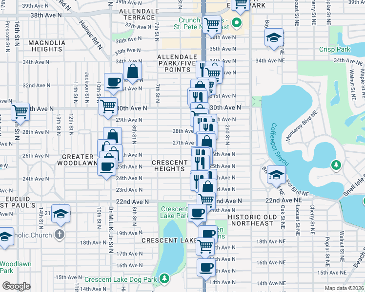 map of restaurants, bars, coffee shops, grocery stores, and more near 516 27th Avenue North in St. Petersburg