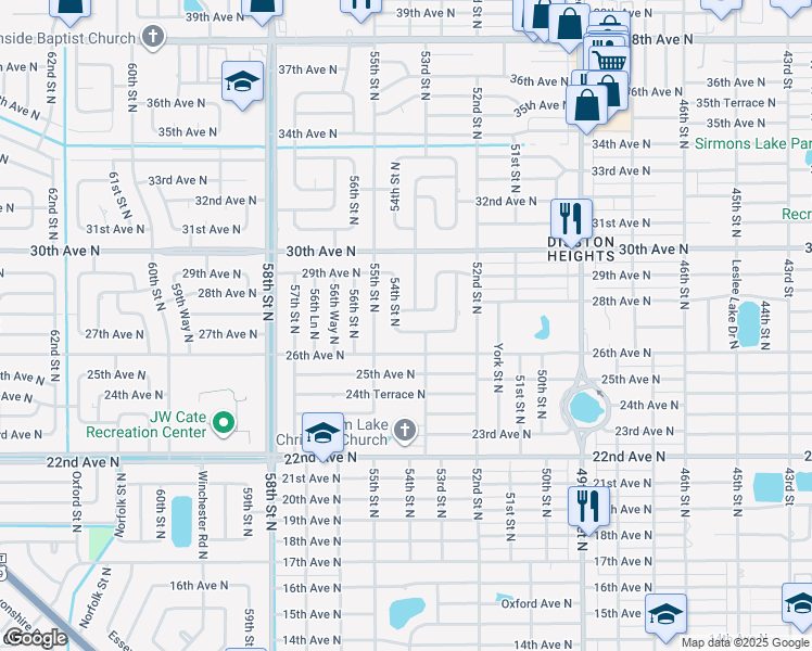 map of restaurants, bars, coffee shops, grocery stores, and more near 5365 27th Avenue North in St. Petersburg