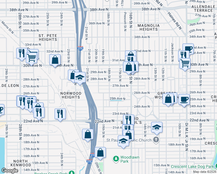 map of restaurants, bars, coffee shops, grocery stores, and more near 1800 27th Avenue North in St. Petersburg