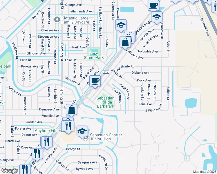 map of restaurants, bars, coffee shops, grocery stores, and more near 385 Harp Terrace in Sebastian