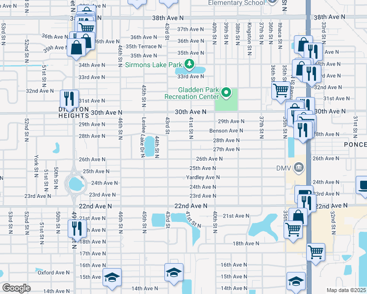 map of restaurants, bars, coffee shops, grocery stores, and more near 4119 27th Avenue North in St. Petersburg