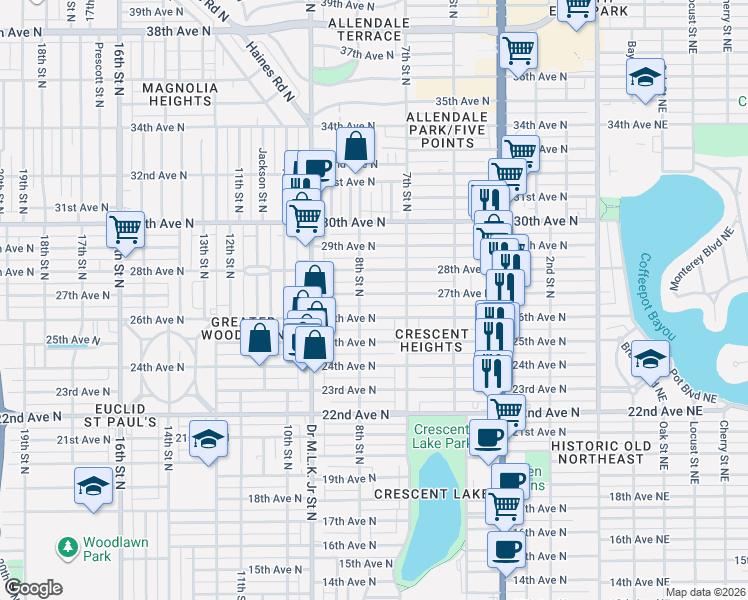 map of restaurants, bars, coffee shops, grocery stores, and more near 766 27th Avenue North in St. Petersburg