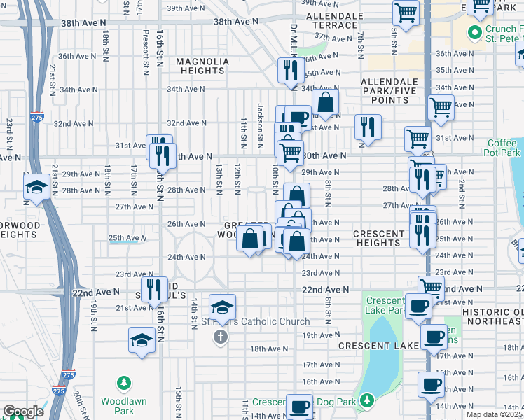 map of restaurants, bars, coffee shops, grocery stores, and more near 2629 11th Street North in Saint Petersburg