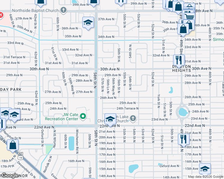 map of restaurants, bars, coffee shops, grocery stores, and more near 2700 56th Way North in St. Petersburg